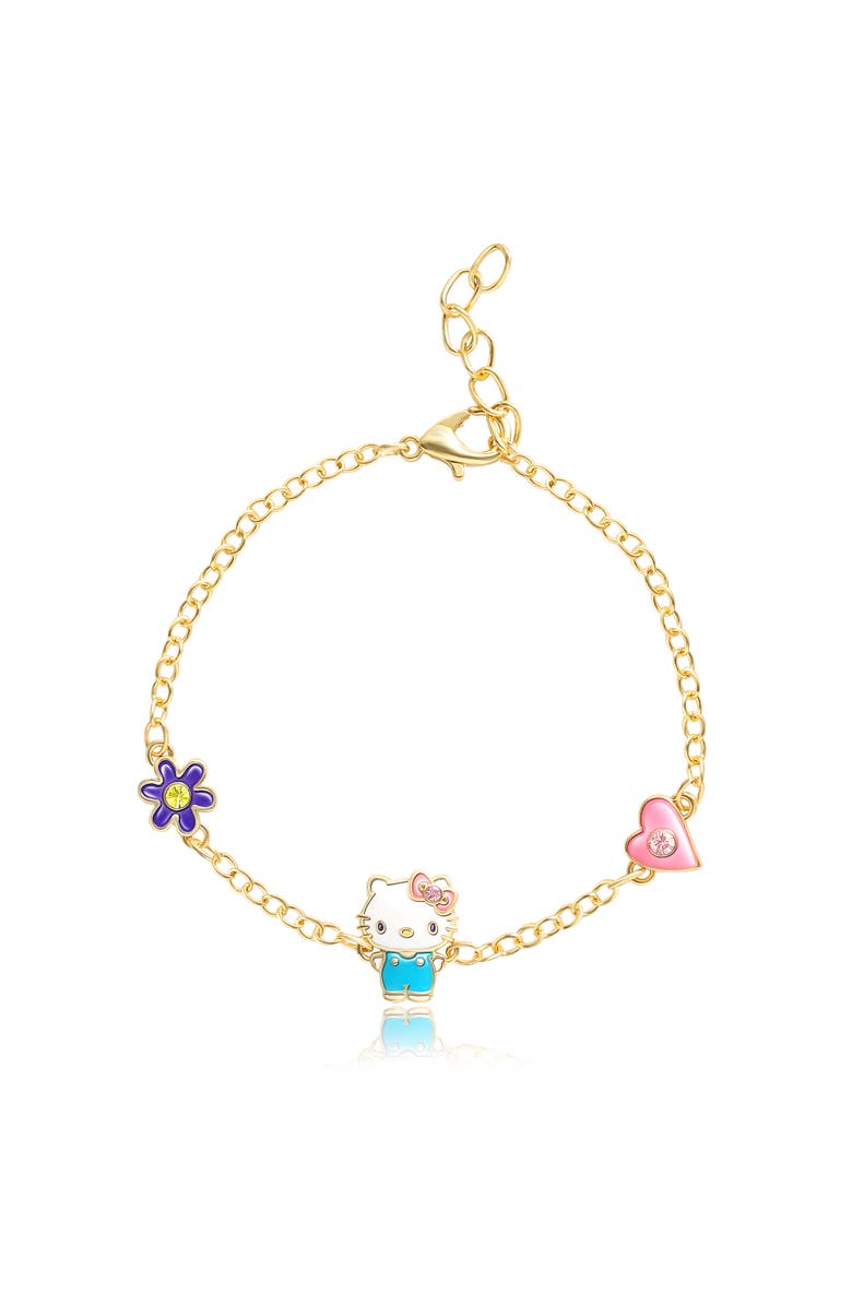 Hello Kitty Silver Plated Bracelet with Flower and Bow Charm Pendants, 6.5 + 1", Main, color, Gold