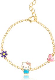 Hello Kitty Silver Plated Bracelet with Flower and Bow Charm Pendants, 6.5 + 1"