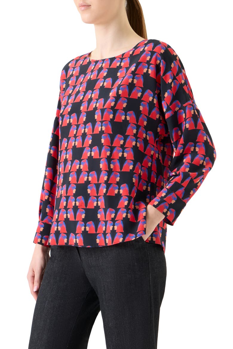 Françoise Hardy Print Silk Crêpe de ChineTop, Alternate, color, BLACK-MULTICOLOR