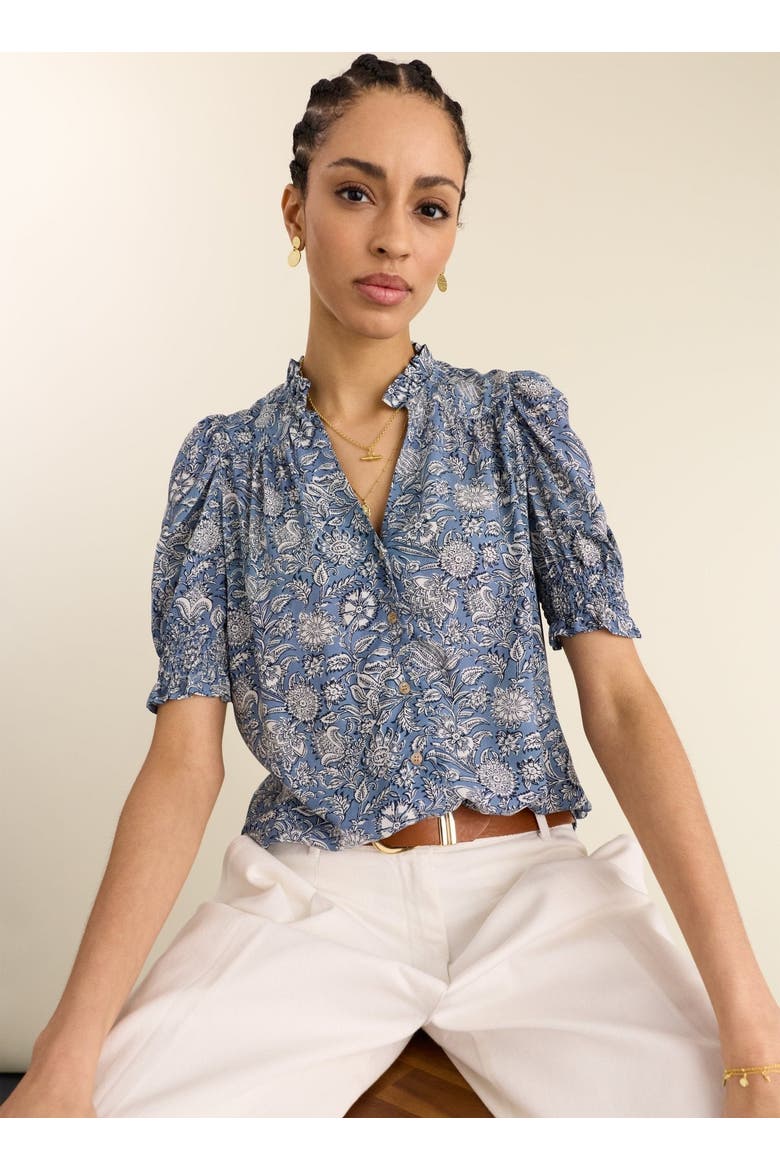 Nolan Ruffled Collar Printed Blouse, Alternate, color, Denim Woodblock Print