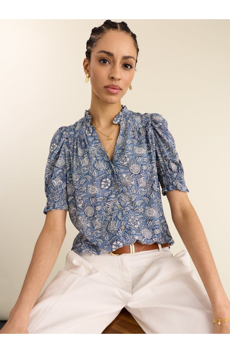 Baukjen Nolan Ruffled Collar Printed Blouse, Alternate, color, Denim Woodblock Print