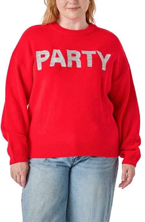 Silvery tinsel-like yarn brings a celebratory effect to this relaxed-fit sweater emblazoned with the call to party at the chest.