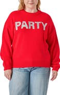 English Factory Silvery tinsel-like yarn brings a celebratory effect to this relaxed-fit sweater emblazoned with the call to party at the chest.