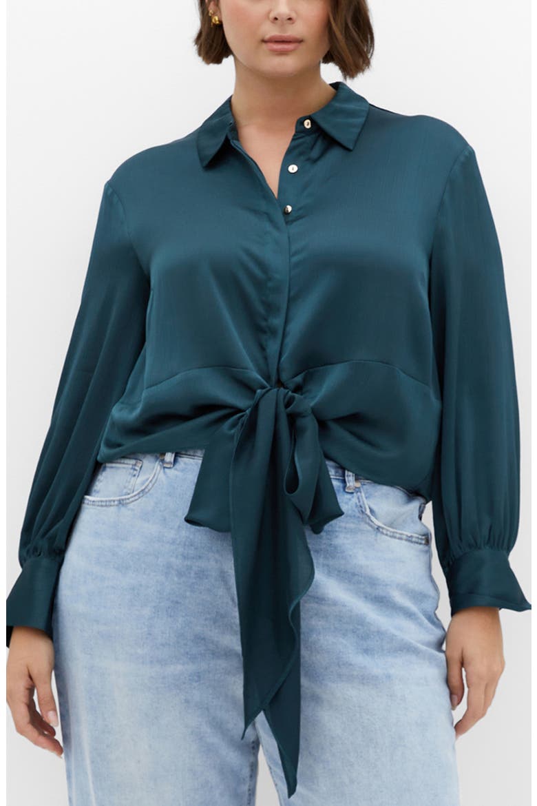 Ellie Long Sleeve Tie Front Satin Shirt, Main, color, DEEP TEAL