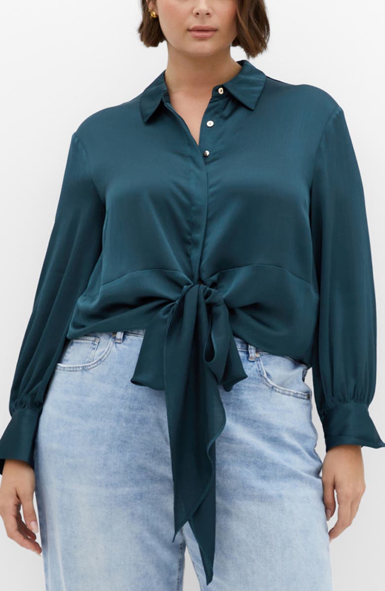 City Chic Ellie Long Sleeve Tie Front Satin Shirt, Main, color, Deep Teal