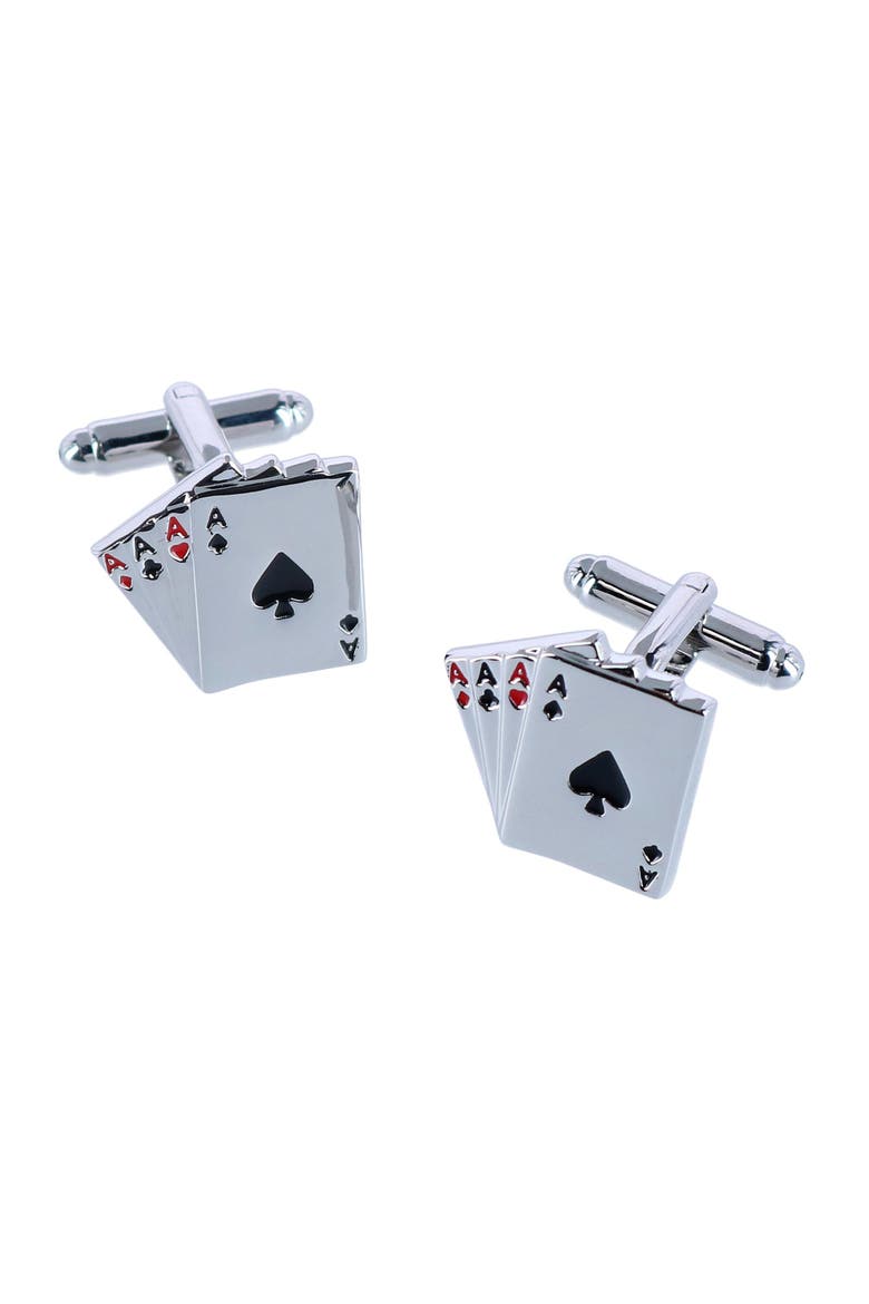 Four Of A Kind Novelty Card Game Cufflinks, Main, color, Silver