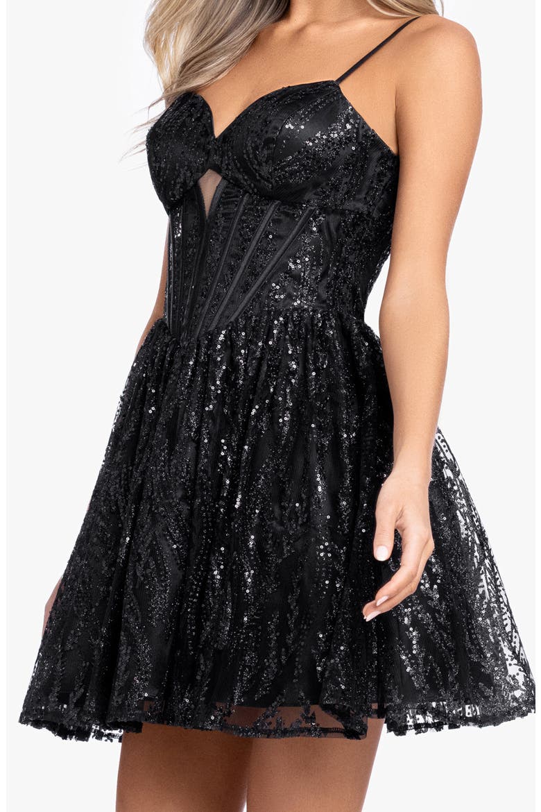 Sequin Embellished Satin Binding Fit & Flare Cocktail Minidress, Alternate, color, BLACK