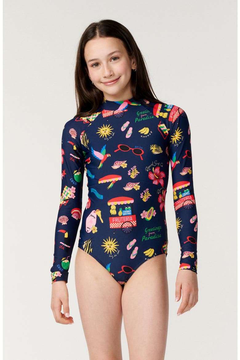 Kids' Island Time Long Sleeve Rashguard One Piece Swimsuit, Main, color, NAVY