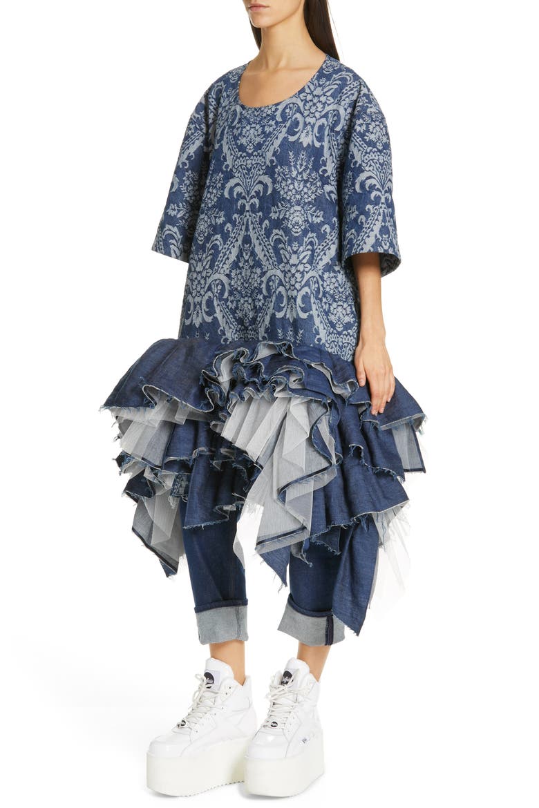Denim Jacquard Tulle Dress, Alternate, color, DARK INDIGO X WHITE