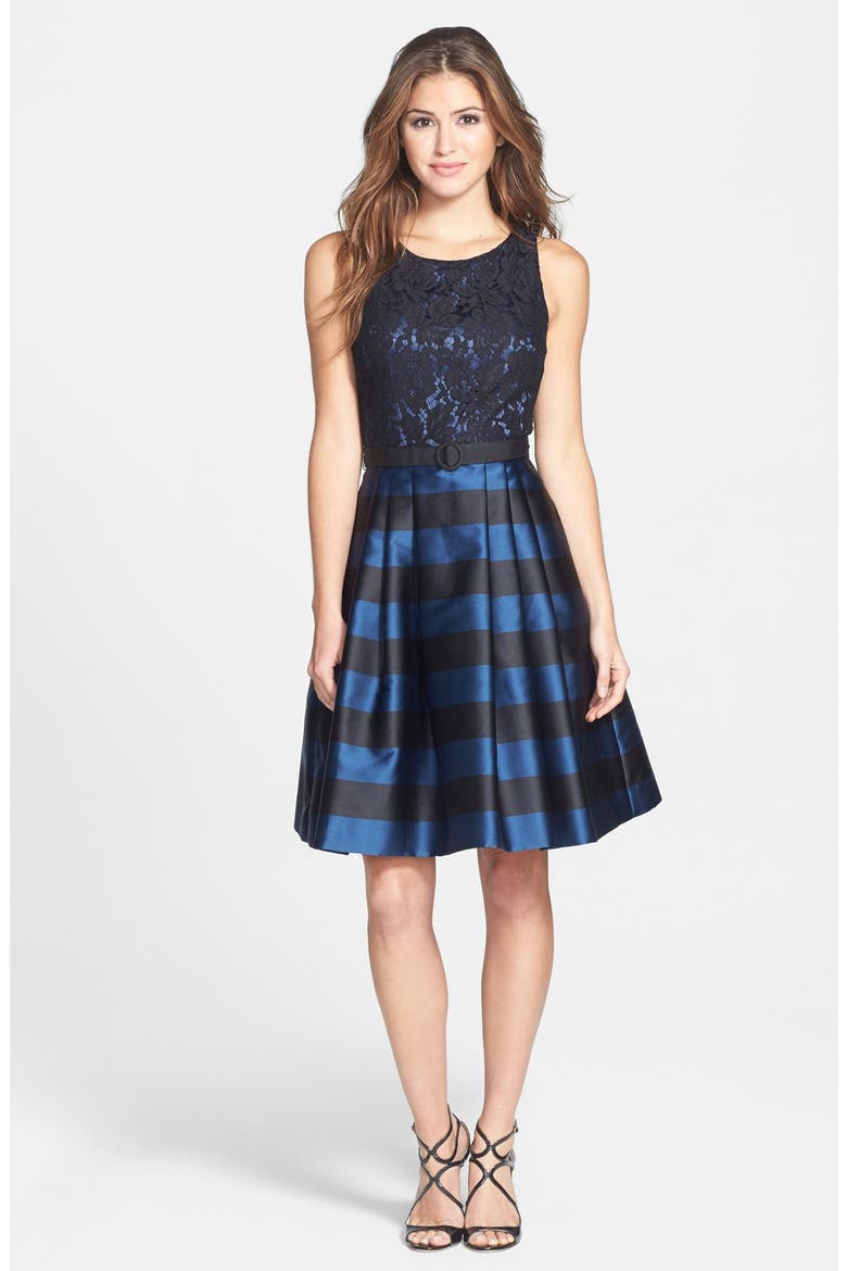 Lace Bodice Stripe Fit & Flare Dress, Alternate, color, NAVY/ BLACK