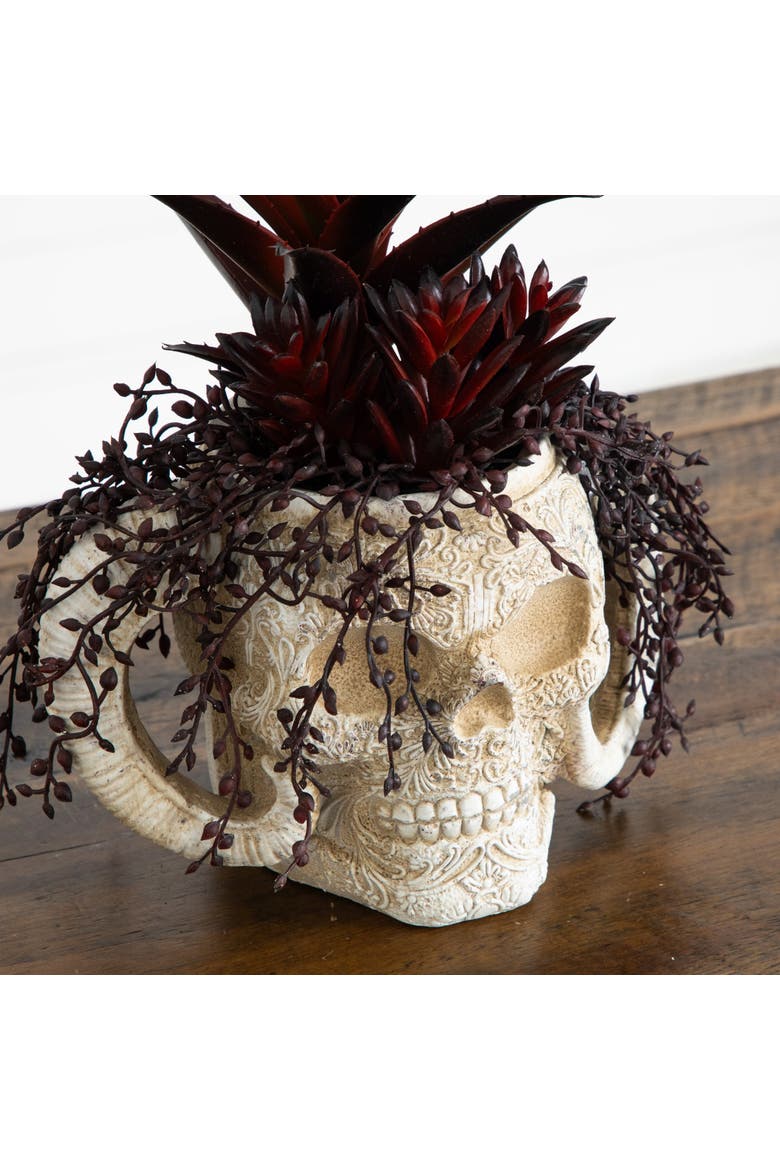8-in Artificial Halloween Succulent Garden in Horned Skull Planter, Alternate, color, White/Purple
