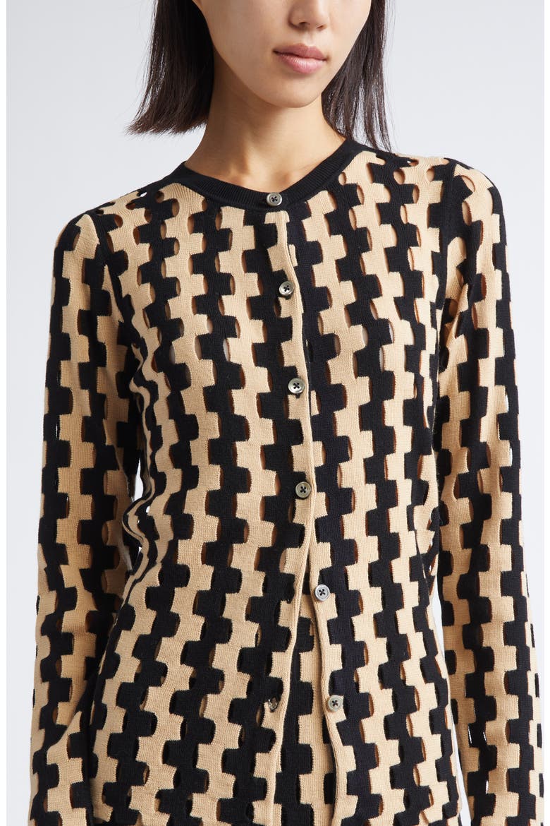 Bowery Open Stitch Merio Wool Cardigan, Alternate, color, CREAM/ BLACK MULTI