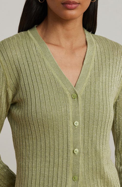Shop Ralph Lauren Lauren Metallic Linen Blend Rib Cardigan In Light Olive