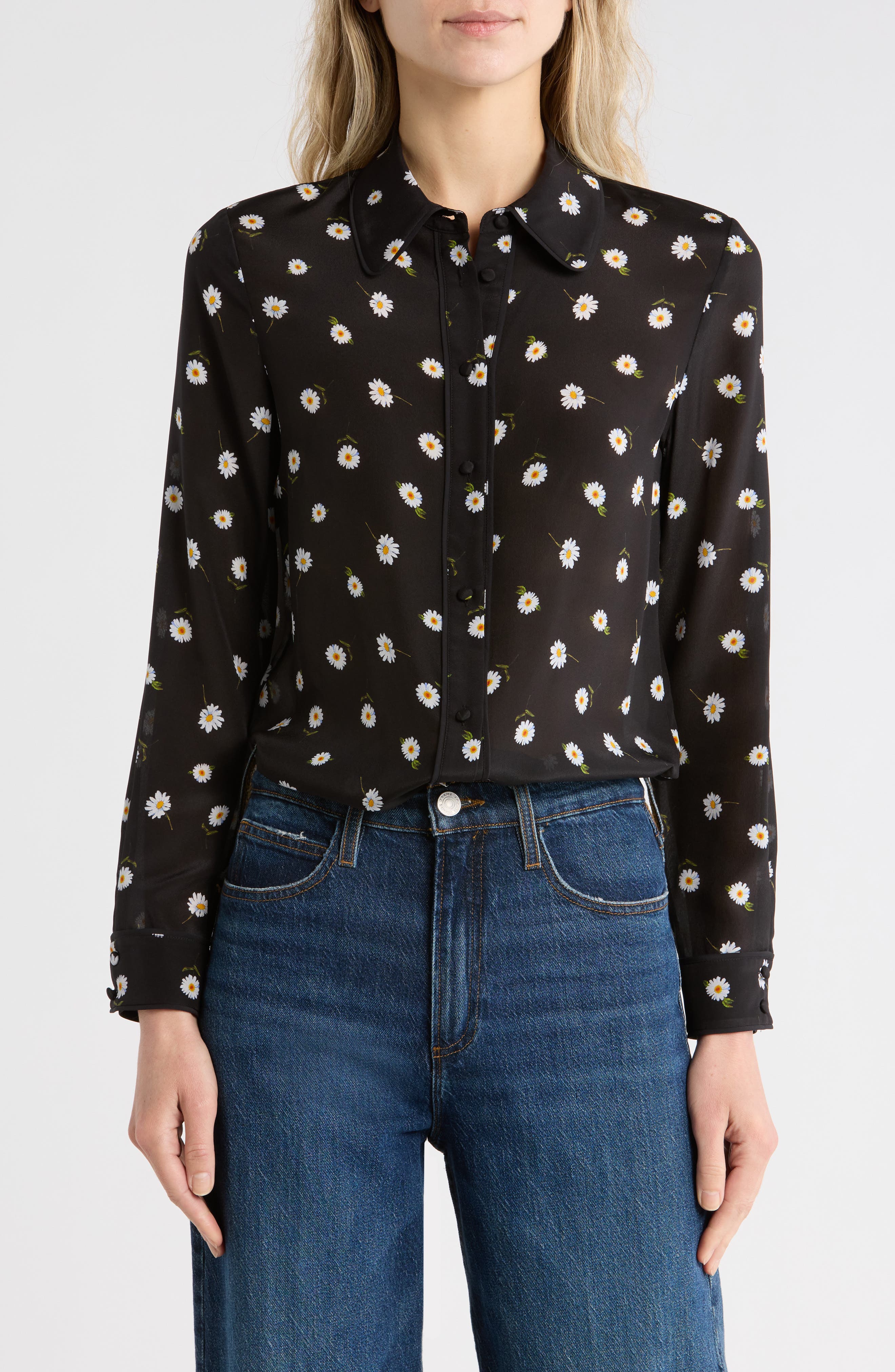 Alice + Olivia Willa Floral Long Sleeve Silk Button-Up Shirt