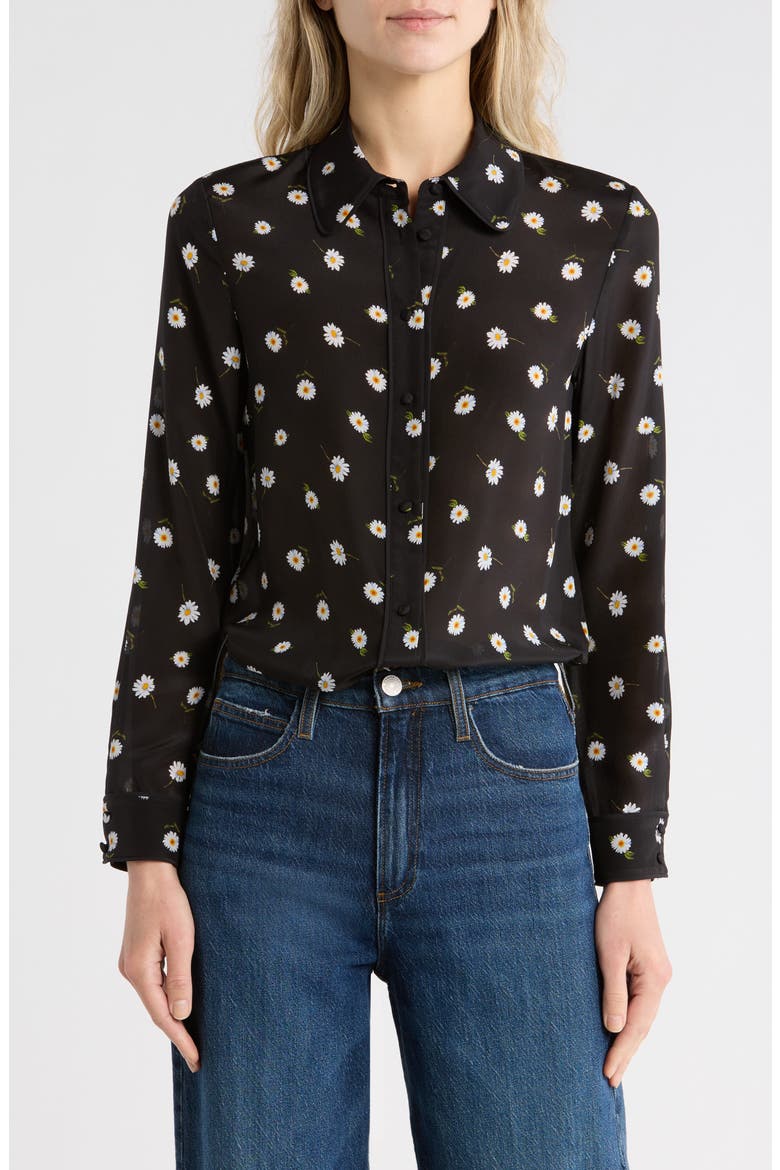 Willa Floral Long Sleeve Silk Button-Up Shirt, Main, color, TOSSED DAISY BLACK