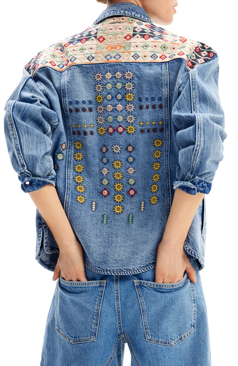 Desigual Embroidered Denim Trucker Jacket, Alternate, color, 