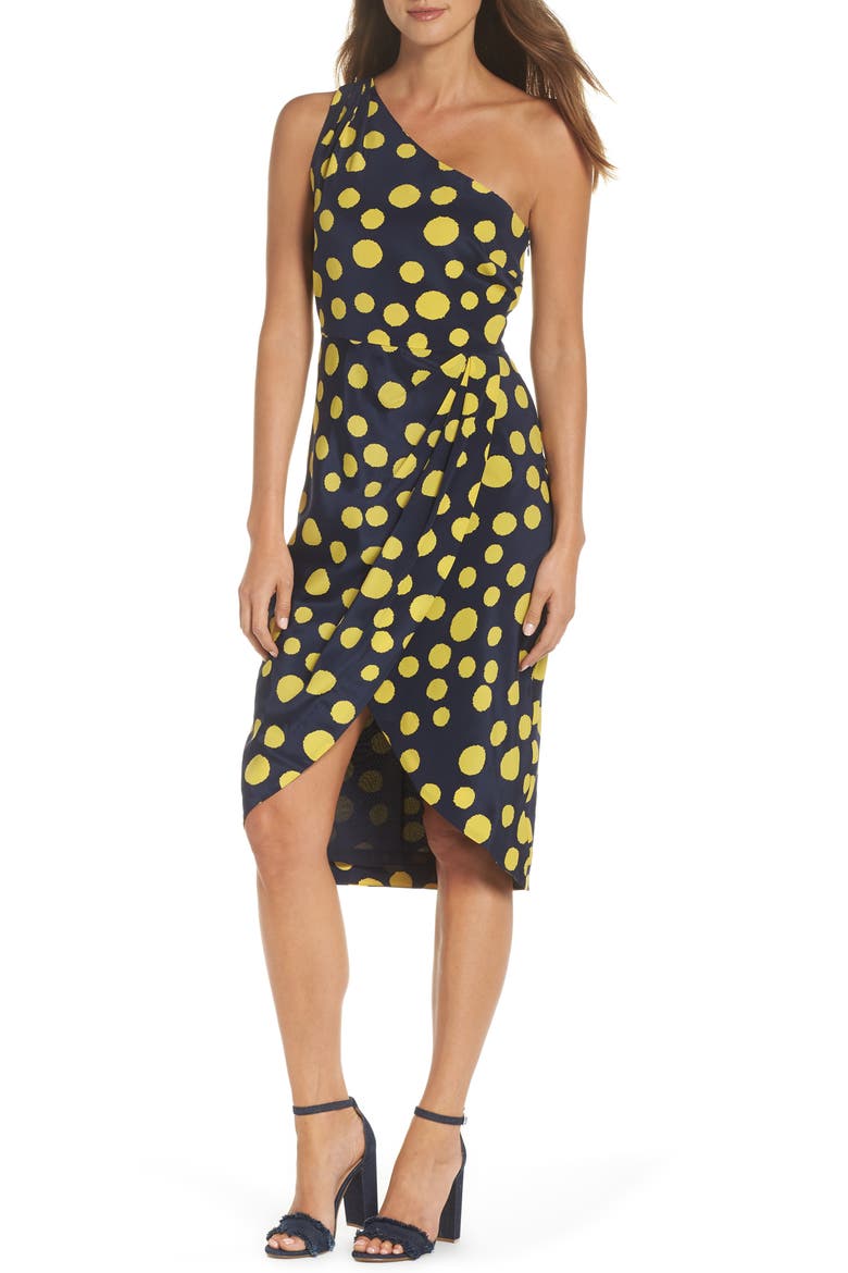 Polka Dot One-Shoulder Silk Dress, Main, color, NAVY
