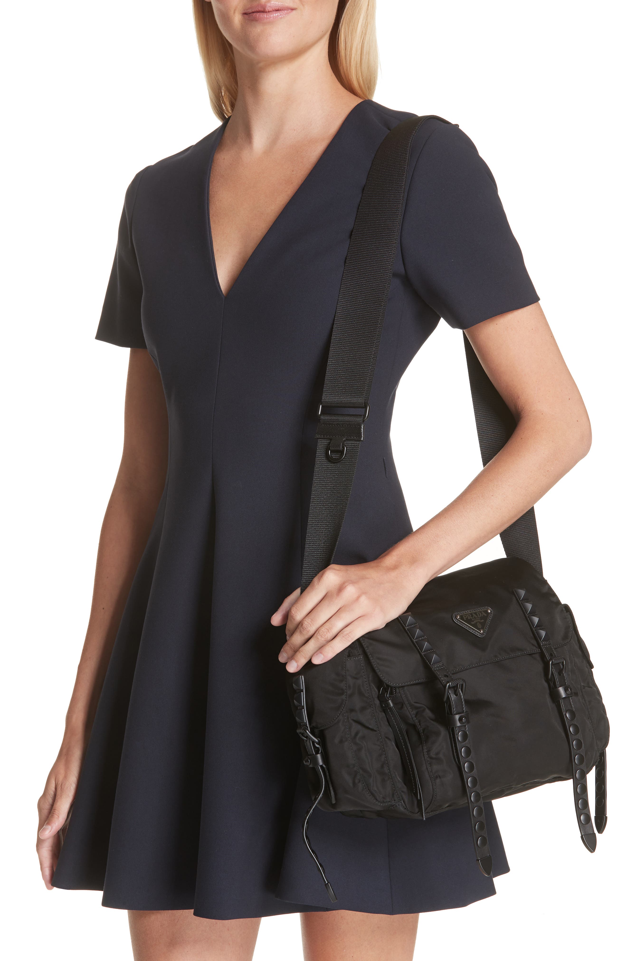 Prada Studded Nylon Messenger Bag, Alternate, color, 