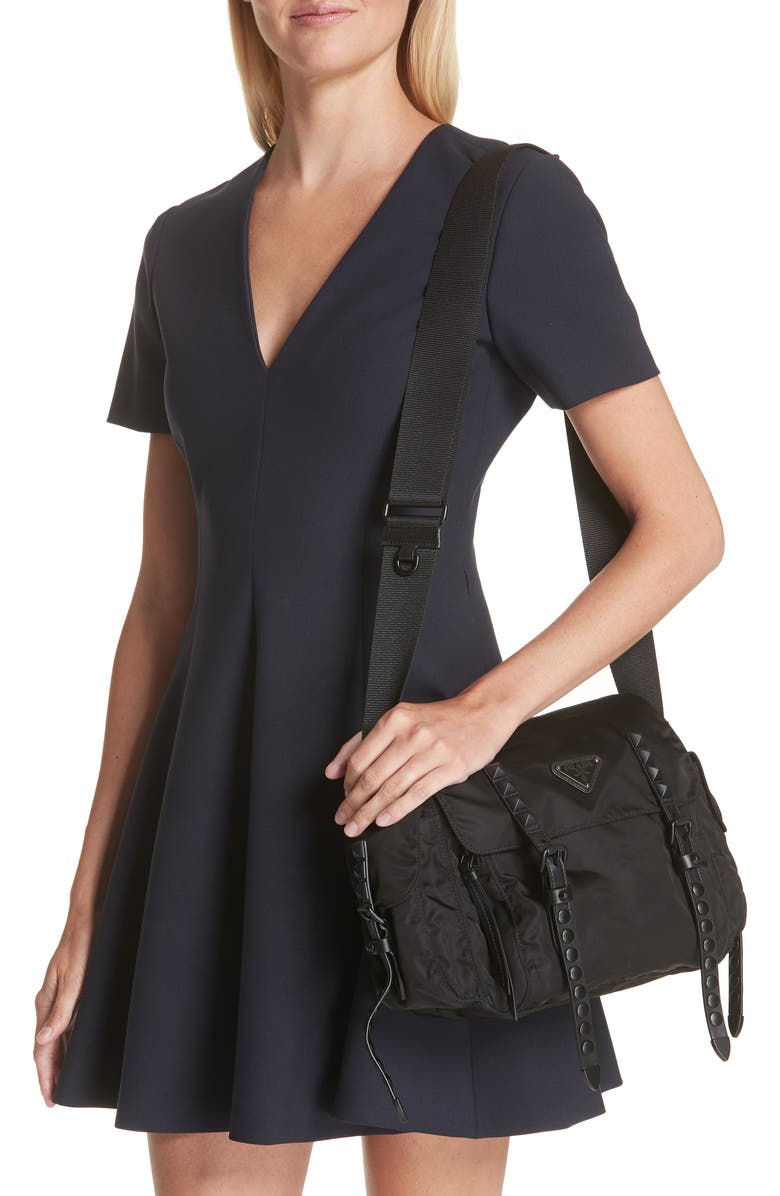 Prada Studded Nylon Messenger Bag, Alternate, color,