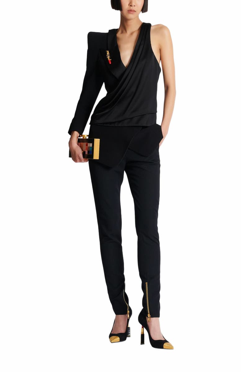 Balmain Asymmetric Jacket With Structured Shoulder, Alternate, color, Black