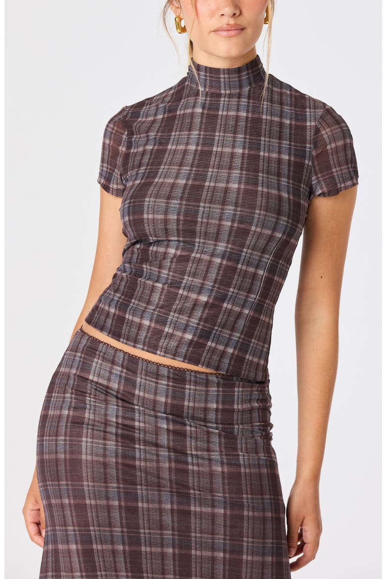 Baila Plaid Mesh Mock Neck Top, Alternate, color, BROWN BLUE PLAID