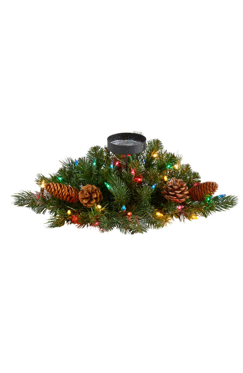 NEARLY NATURAL 16-in Flocked and Glittered Artificial Christmas Pine Candelabrum with 35 Multicolored Lights and Pine Cones, Main, color, Green