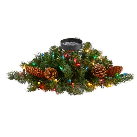16-in Flocked and Glittered Artificial Christmas Pine Candelabrum with 35 Multicolored Lights and Pine Cones