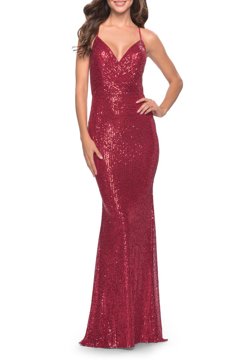 Sequin Long Dress with V Neckline and Open Low Back, Main, color, Red