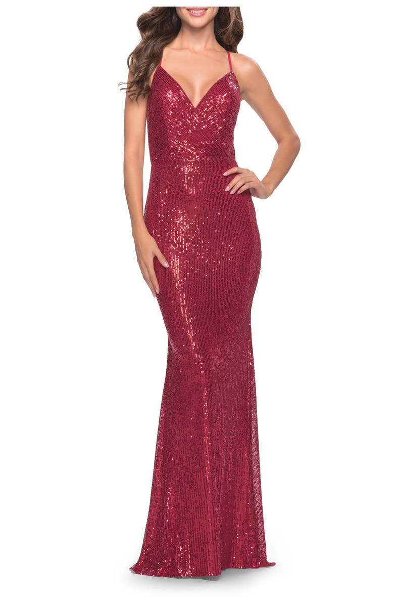 La Femme Sequin Long Dress with V Neckline and Open Low Back, Main, color, Red
