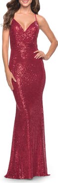 La Femme Sequin Long Dress with V Neckline and Open Low Back