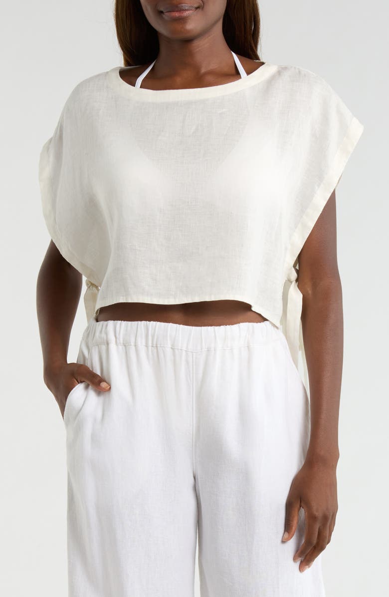 Elan Cropped Linen Cover-Up Top, Main, color, White