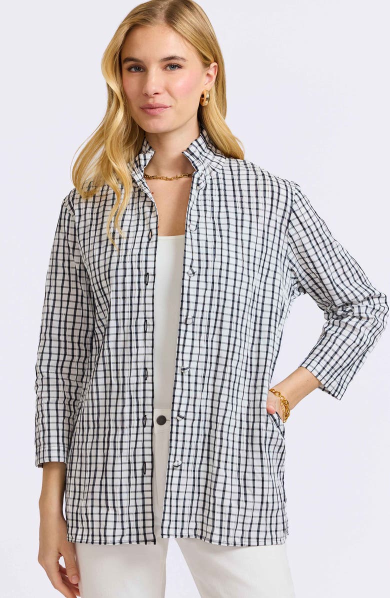 Foxcroft Carolina Crinkled Gingham Cotton Blend Shirt Jacket, Alternate, color, White/ Black
