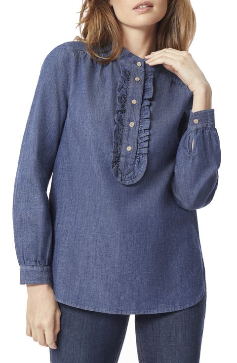 Ruffle Accent Stretch Cotton Denim Tunic Top