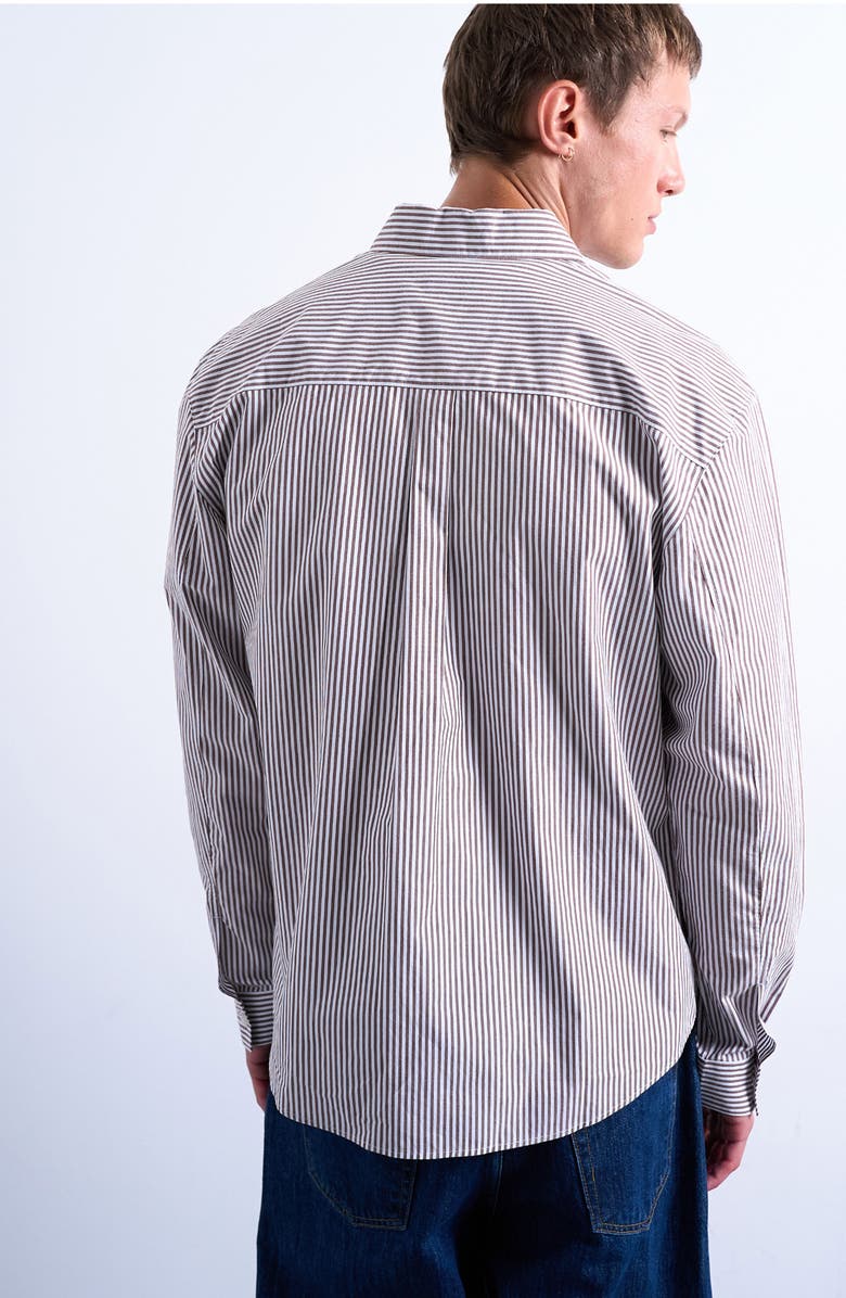 Topman Relaxed Fit Stripe Button-Up Shirt, Alternate, color, Brown