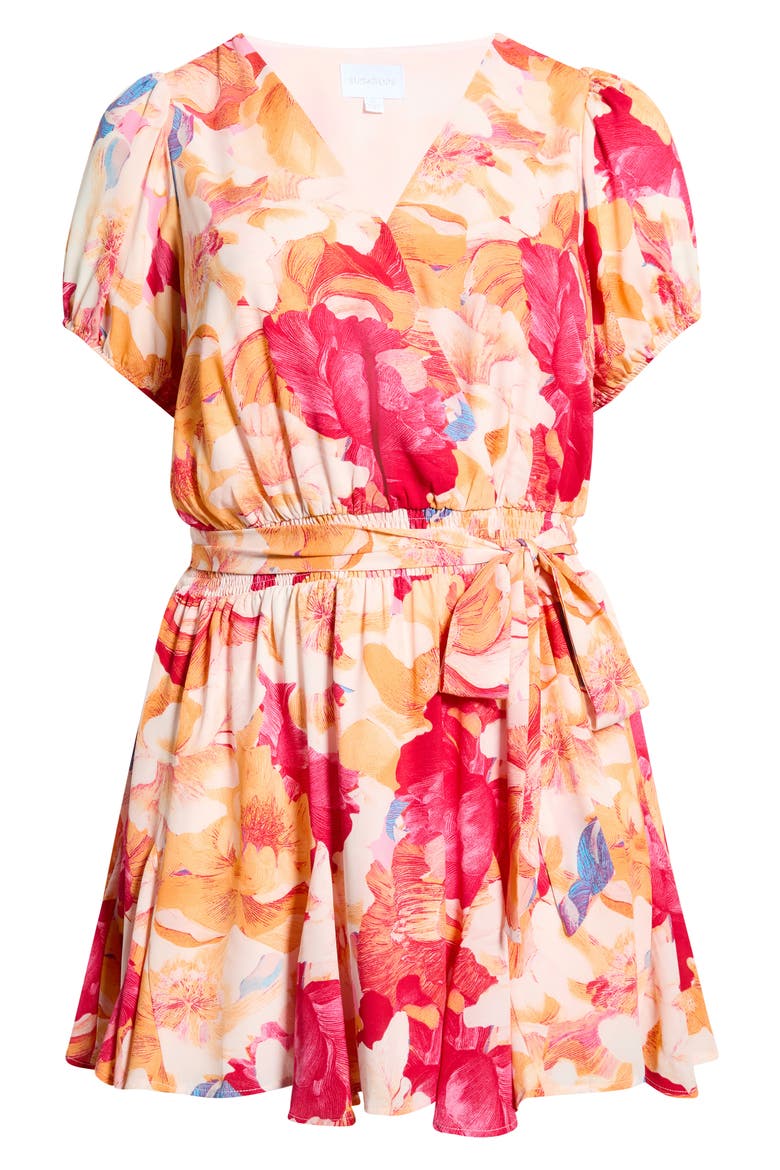 Floral Print Surplice Minidress, Alternate, color, CORAL