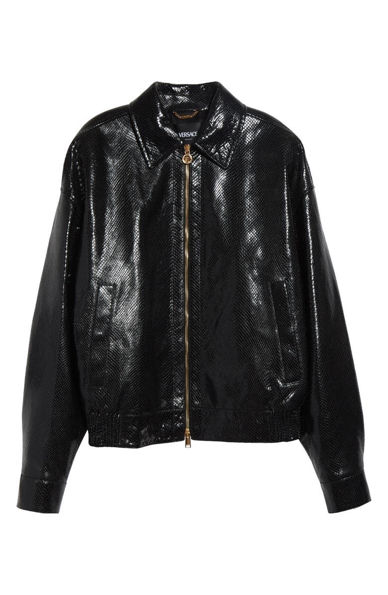 Versace Python Embossed Leather Jacket, Main, color, Black