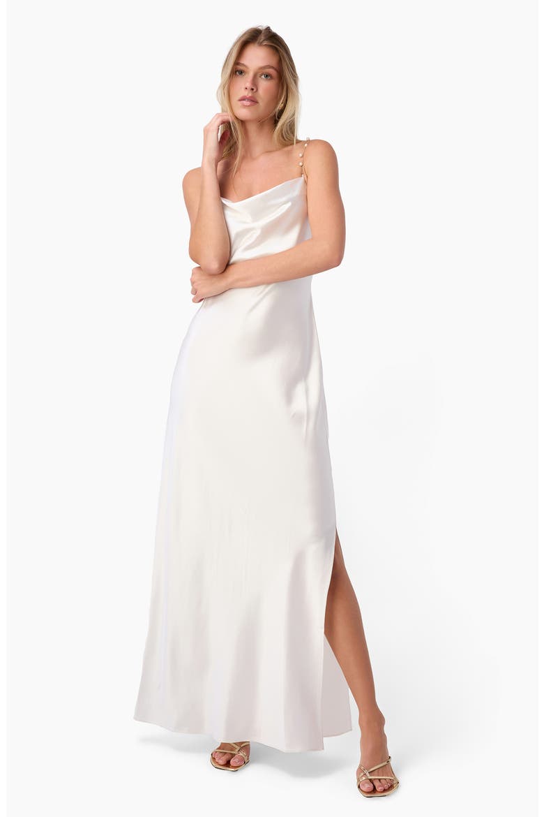 Shallon Faux Pearl Strap Satin Gown, Alternate, color, WHITE