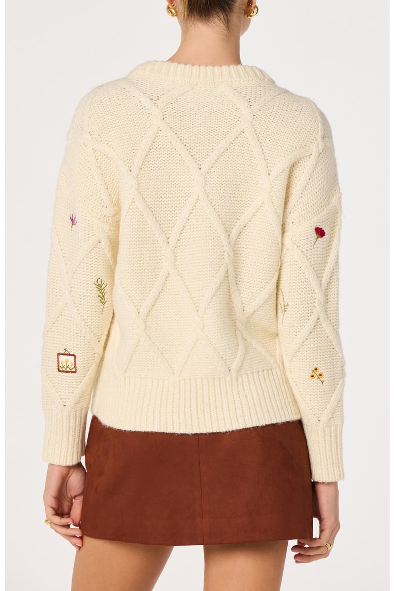 Rose Embroidered Diamond Cable Sweater, Alternate, color, IVORY