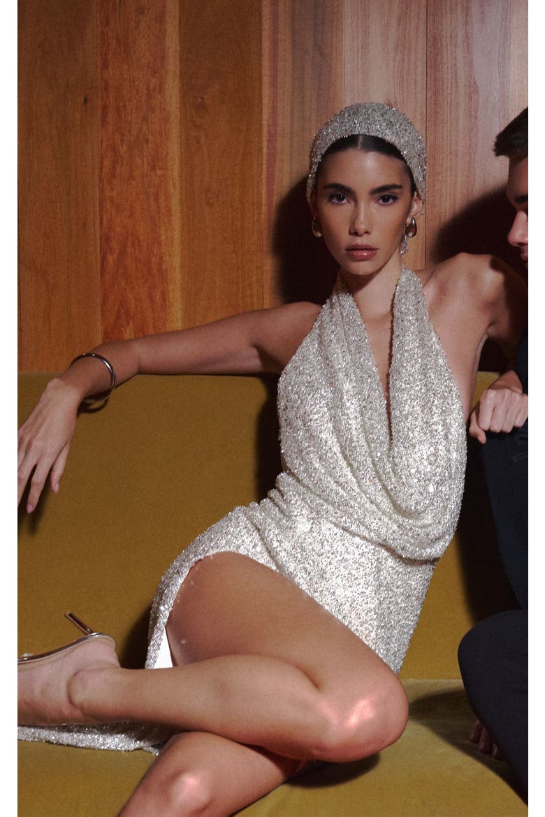 Niamh Beaded Cowl Halter Backless Maxi Dress, Alternate, color, White Gold