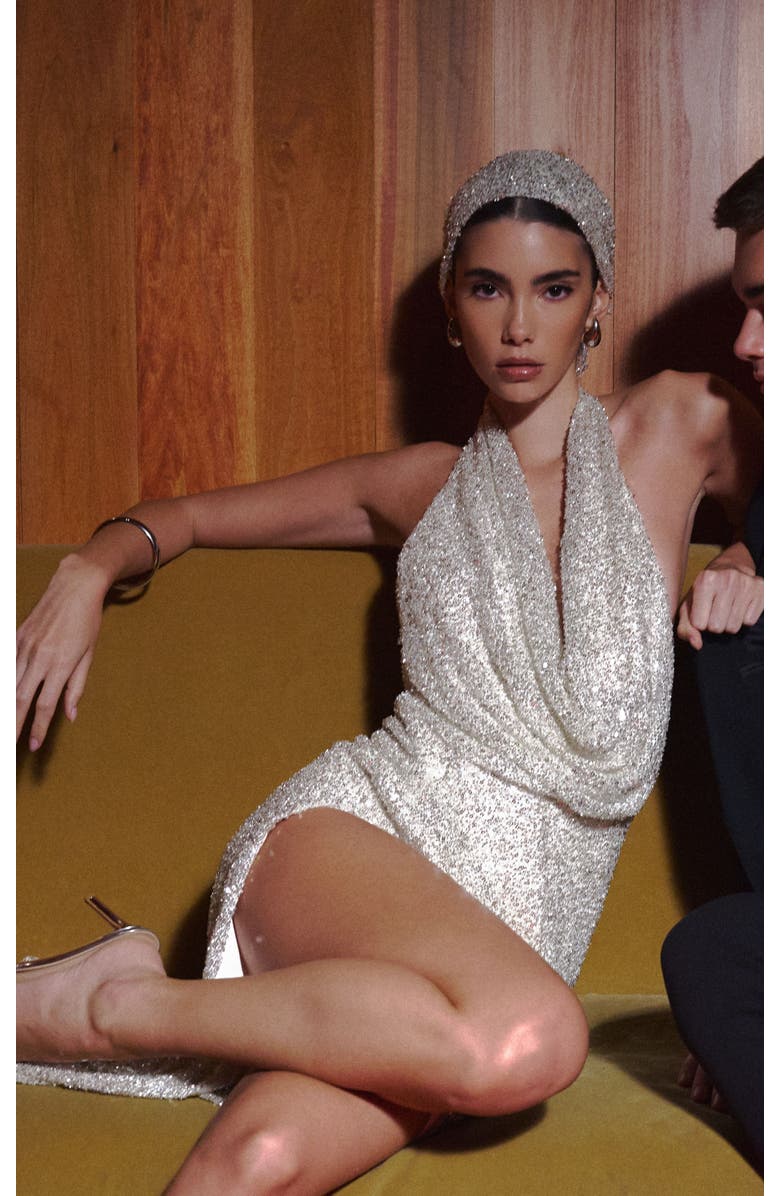 Miss Circle Niamh Beaded Cowl Halter Backless Maxi Dress, Alternate, color, White Gold