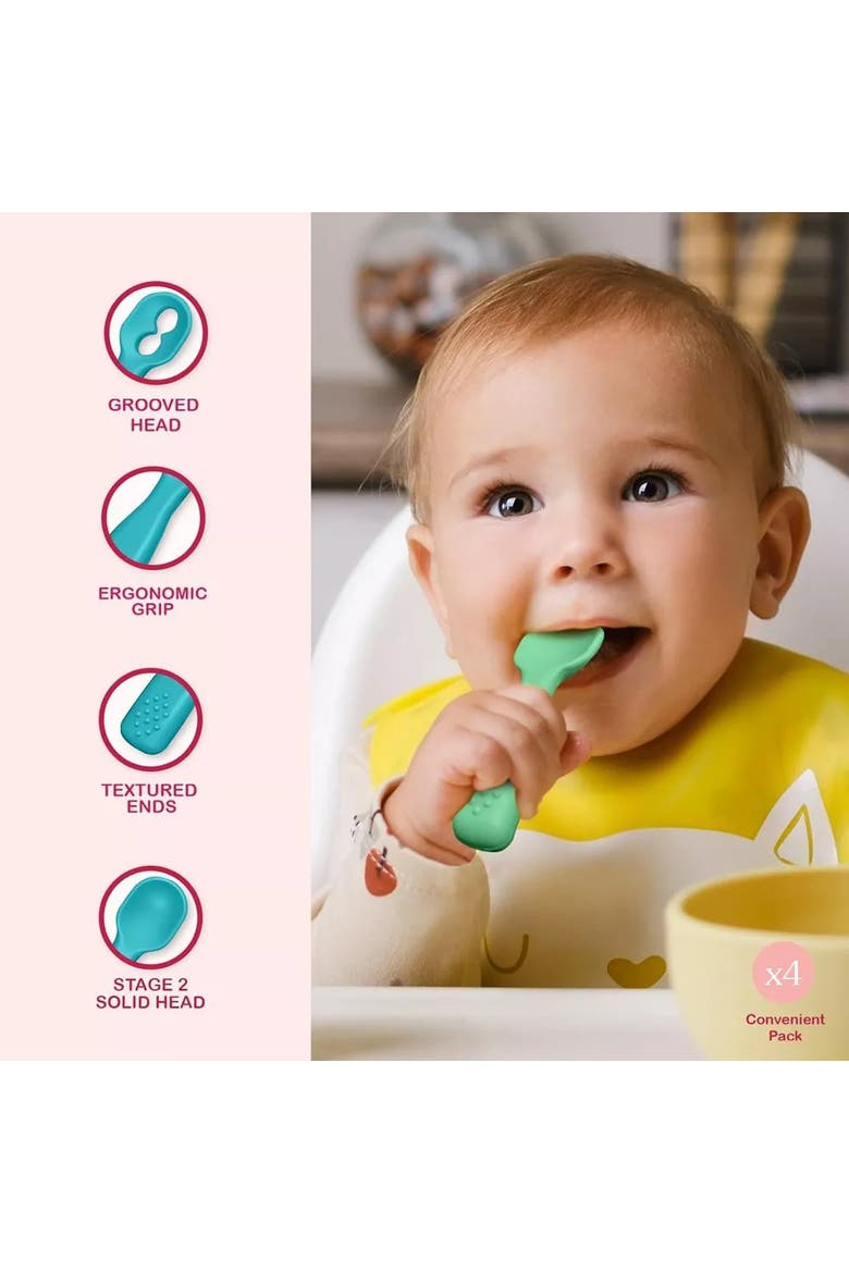 Silicone Baby Feeding Spoon Set 4 Piece, Alternate, color, Green & Blue