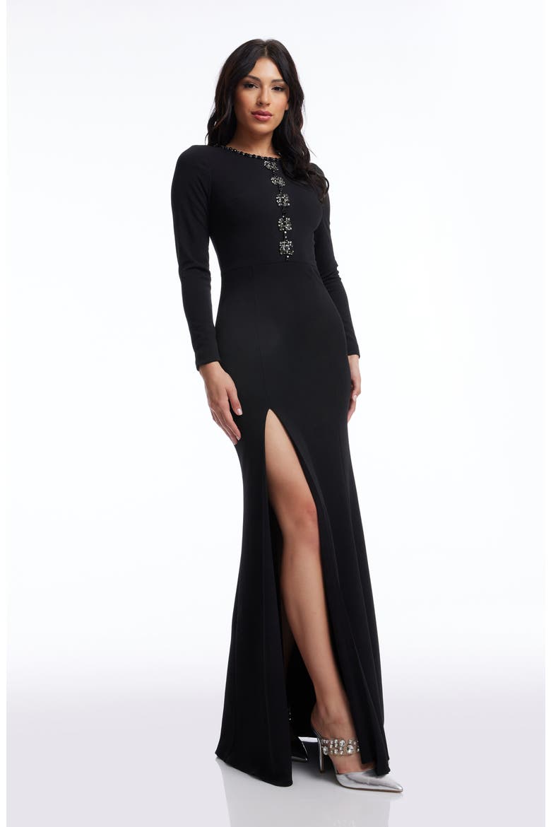 Samia Placed Sequin Floral Long Sleeve Mermaid Gown, Alternate, color, BLACK