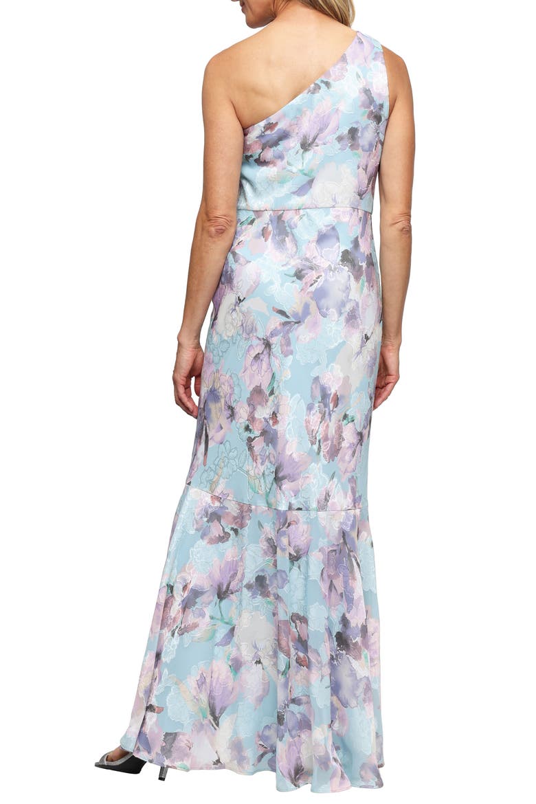 Flower Print Burnout Chiffon One-Shoulder Gown, Alternate, color, BLUE/ MULTI