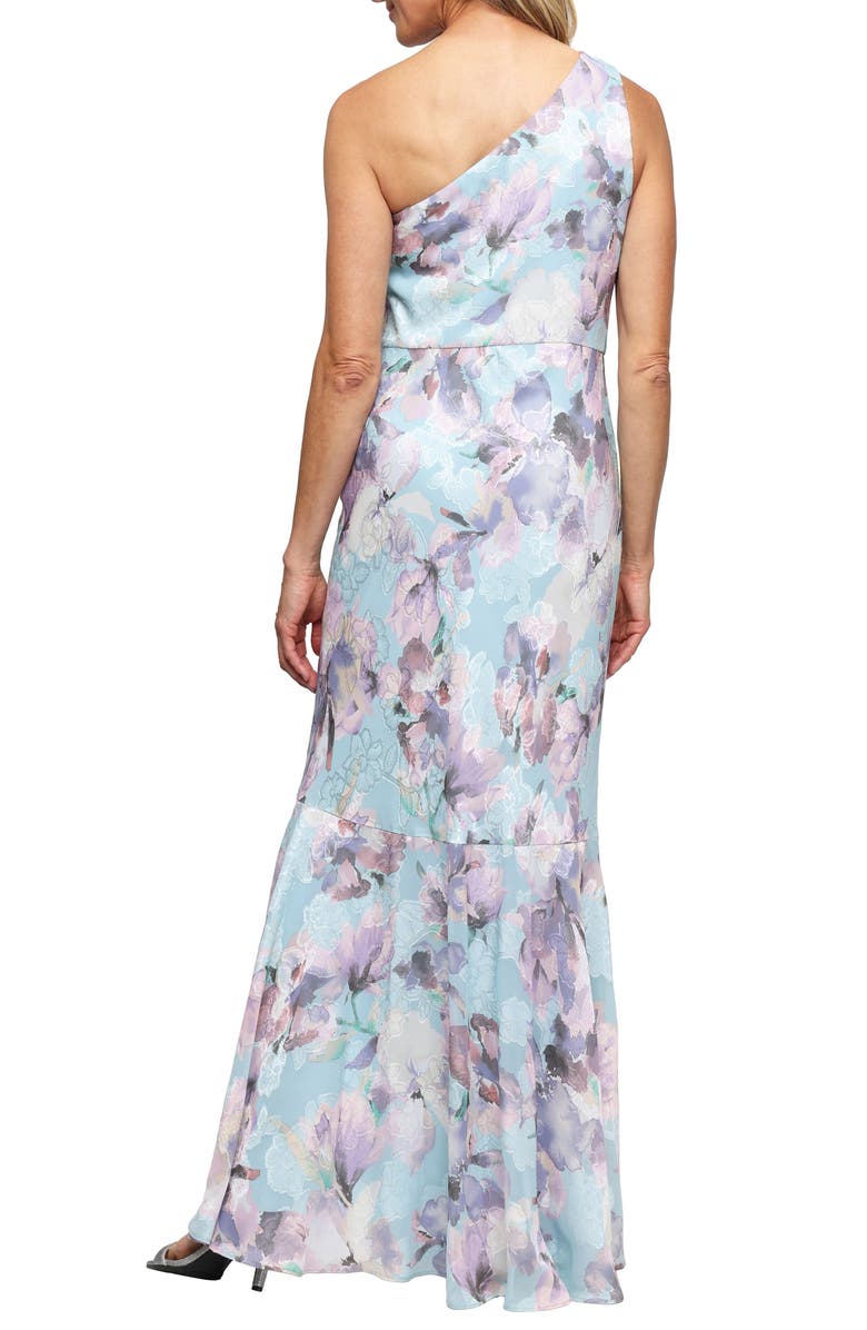 Alex Evenings Flower Print Burnout Chiffon One-Shoulder Gown, Alternate, color, Blue/ Multi