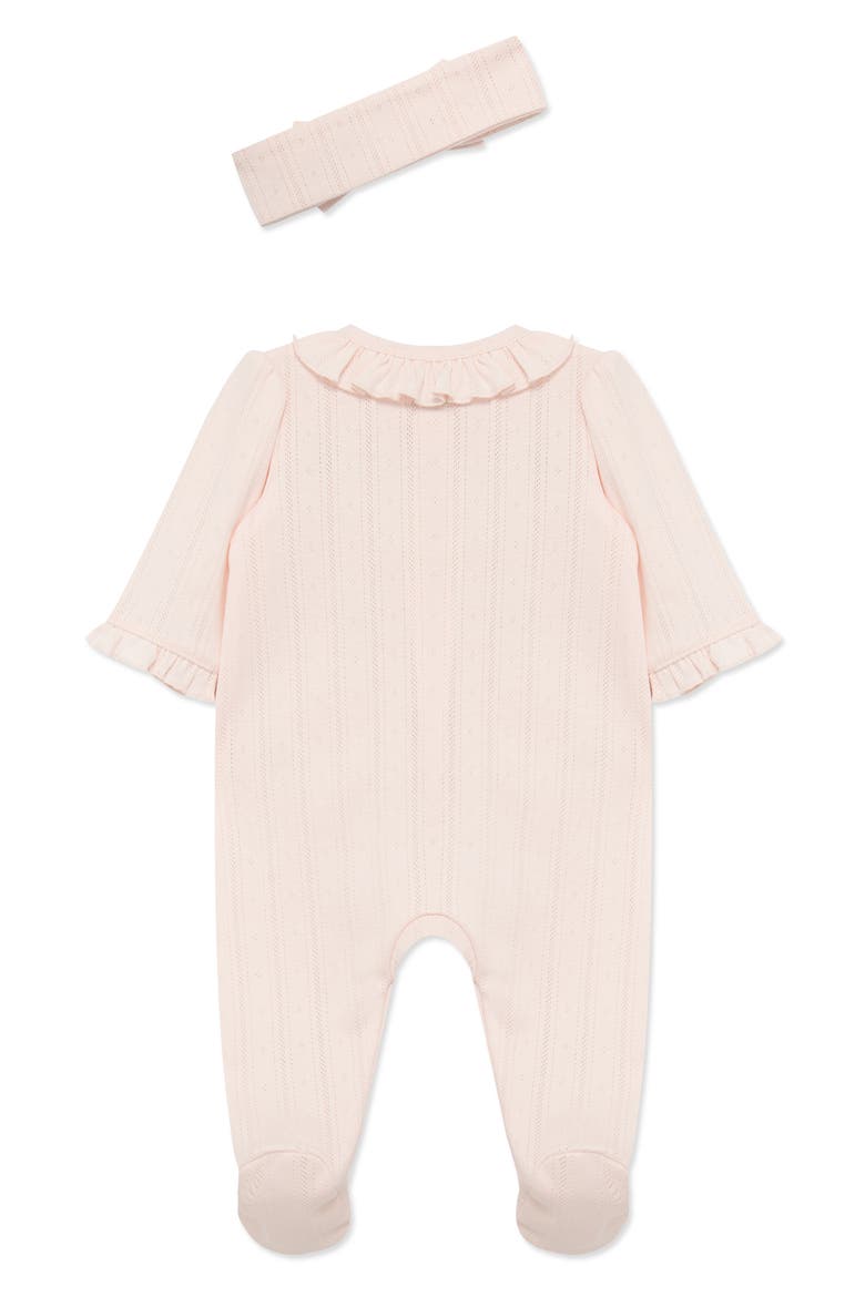 Rosebud Embroidered Pointelle Knit Cotton Ruffle Footie & Bow Head Wrap Set (Nordstrom Exclusive), Alternate, color, PINK/ WHITE
