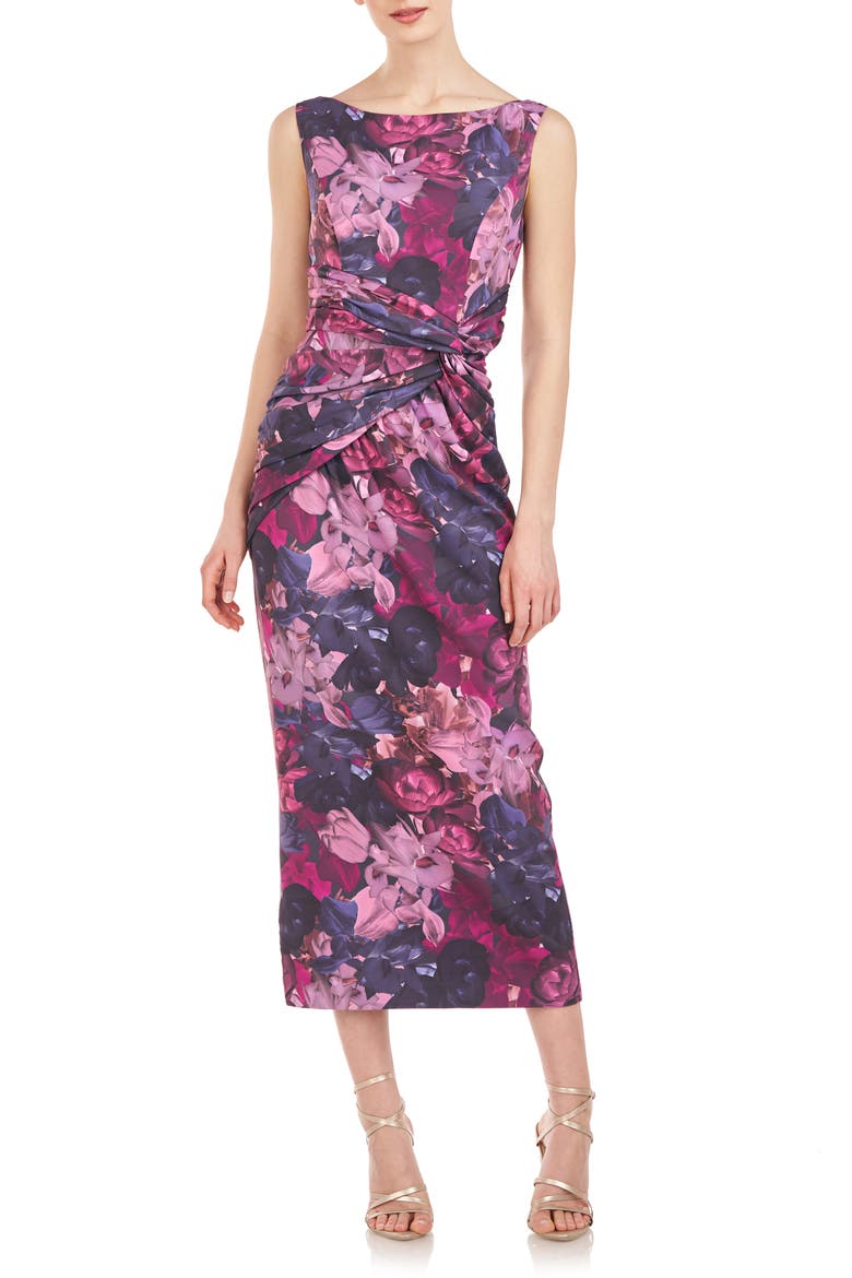 Sabina Twist Front Midi Cocktail Dress, Main, color, BOYSENBERRY MULTI