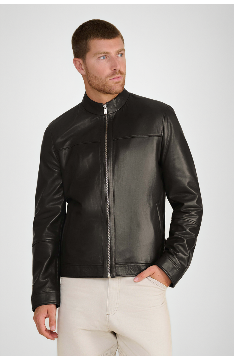 Furniq UK Otis Racer Leather Jacket, Main, color, Black