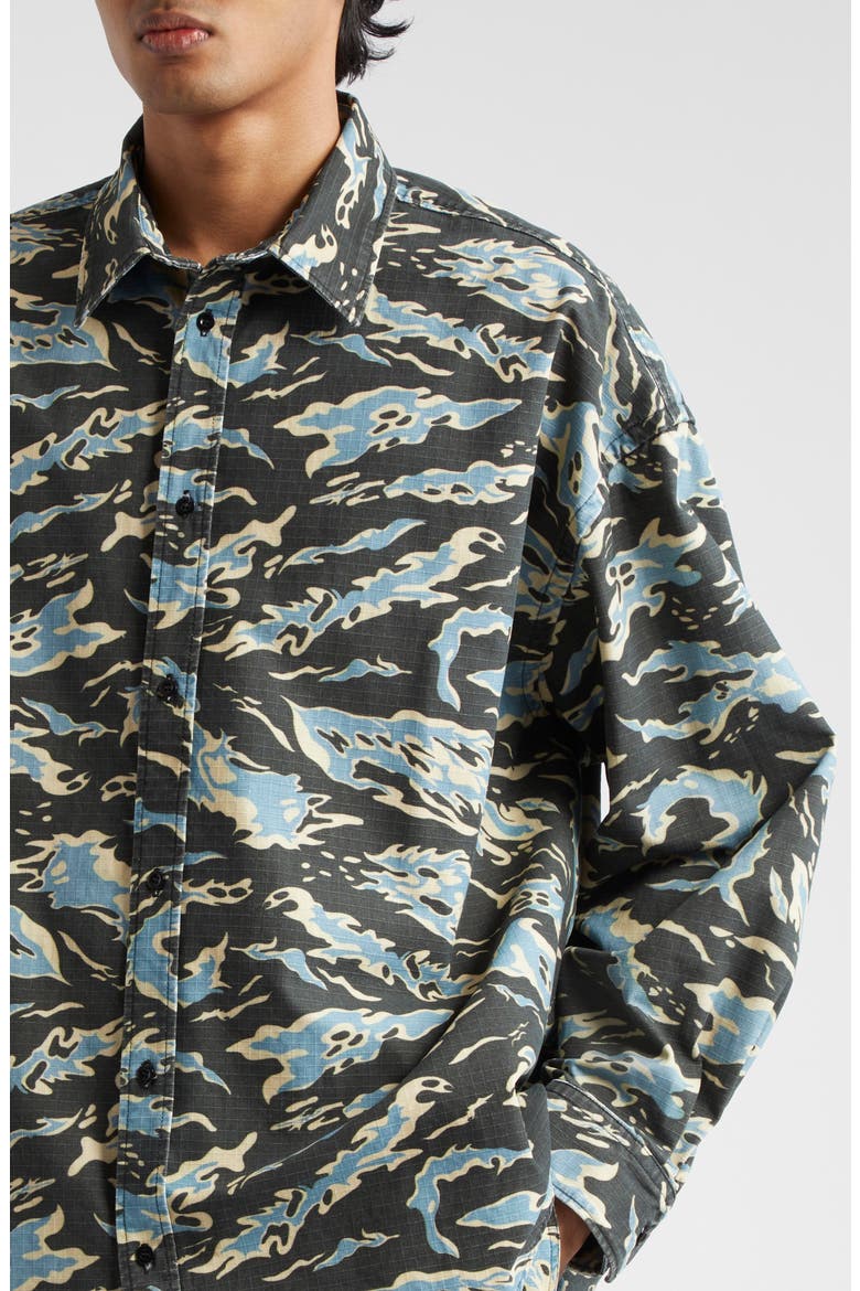 Print Organic Cotton Ripstop Button-Up Shirt, Alternate, color, BLACK/ BLUE