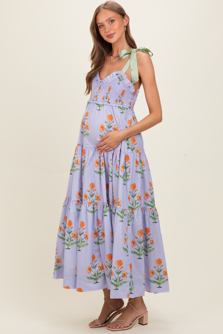 Floral Sweetheart Neckline Smocked Maxi Dress, Alternate, color, Lavender
