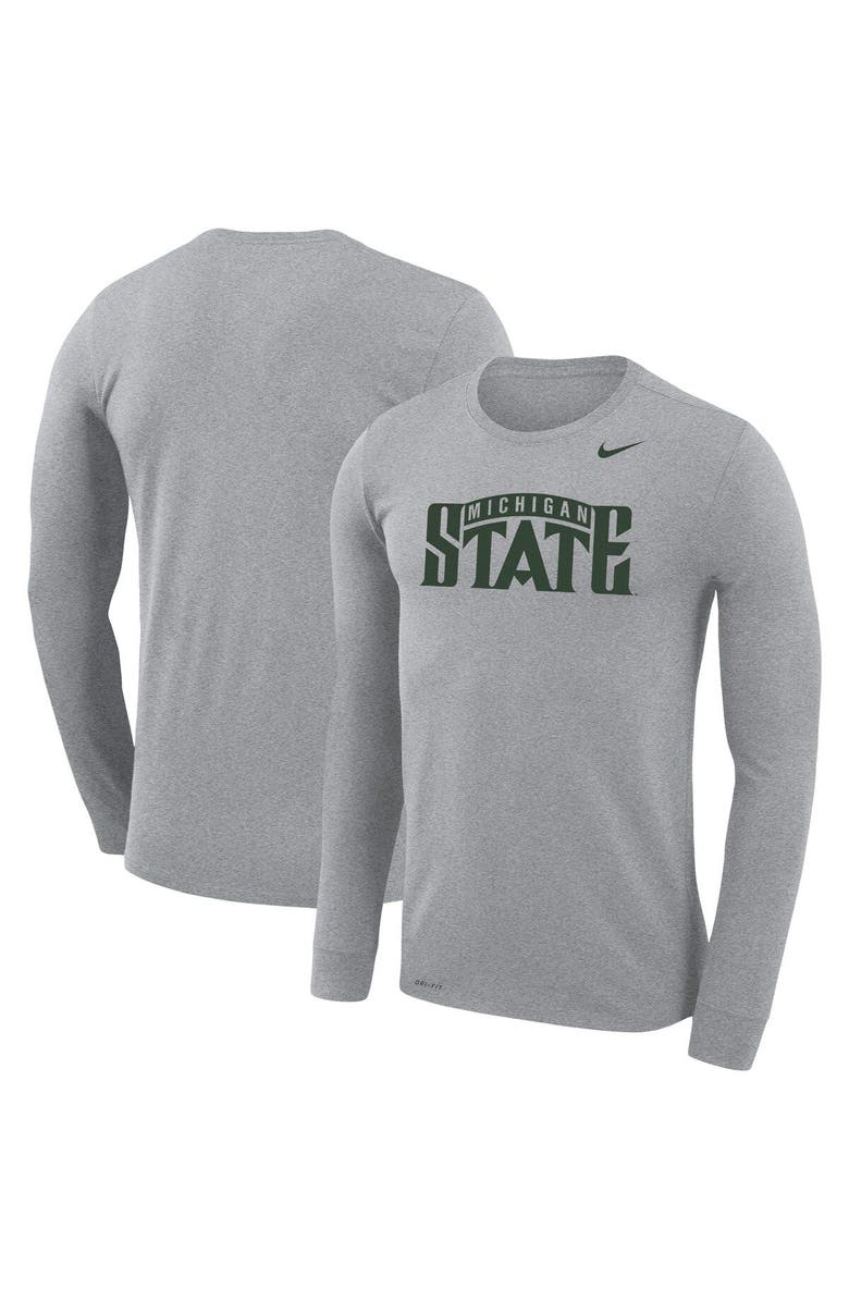 Nike Men's Nike Heathered Gray Michigan State Spartans School Wordmark Logo Performance Legend Long Sleeve T-Shirt, Main, color, Heather Gray